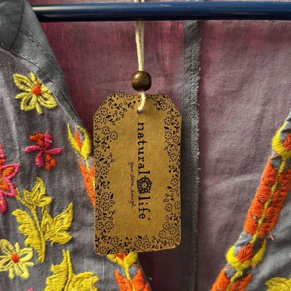 Natural Life Mini Dress Blue/Gray Sz S Boho Cottage Core Cotton Embroidered NWT - Picture 8 of 8